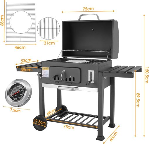 Barbecue Charbon de Bois XL, Chariot à Barbecue, Grill XL à Charbon avec Couvercle, Roues et Thermomètre, Réglable en Hauteur, Grand Barbecue au Charbon de Bois, pour Camping et Jardin, Noir - Image 12
