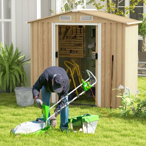 Abri de Jardin 2.3㎡ en Acier Galvanisé Anti-UV 196x142x186cm Cabane de Jardin Exterieur 3.7m3 avec Porte Coulissante Rampe Naturel - Image 2