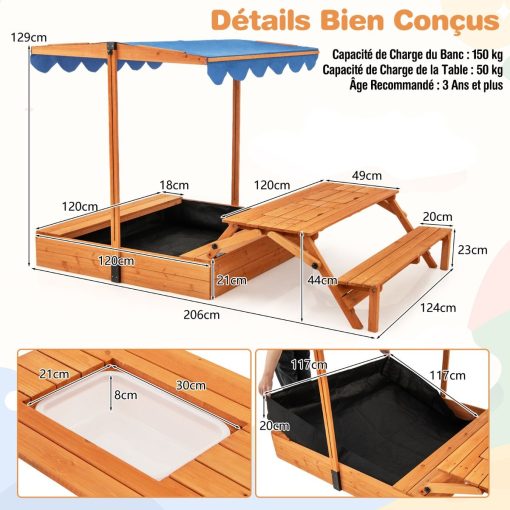 Bac à Sable en Bois pour Enfants avec Couvercle Aire de Jeux avec Table Sensorielle Pliable & Banc Parasol Ajustable pour 3+ Ans Naturel - Image 9
