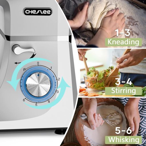 CHeflee 1800W Professional Kitchen Mixer 7.2 Litres Low Noise Multifunctional Kitchen Robot with Whisk, Beater, Hook, Stainless Steel Bowl, 6 Speeds - Image 6