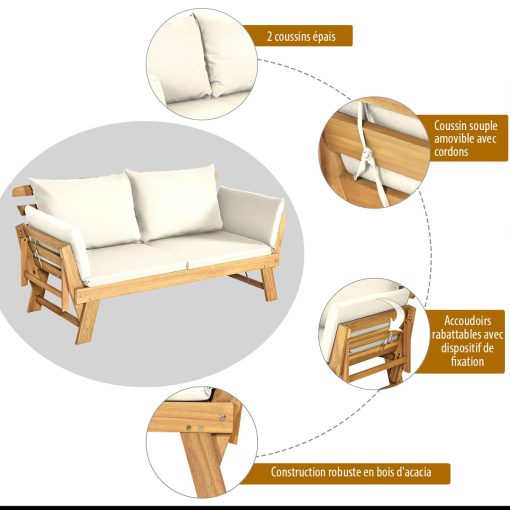 Chaise Longue Convertible avec Coussin Canapé de Jardin 2 en 1 en Bois d’Acacia avec Accoudoir Réglable pour Patio Piscine Jardin Blanc/Gris/Bleu/Rouge - Image 12