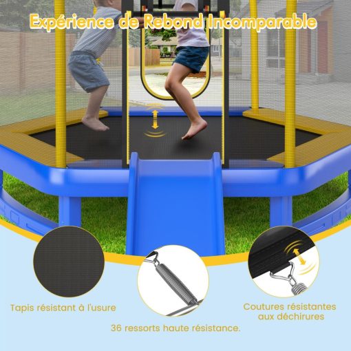 Trampoline Extérieur ? 223cm avec Toboggan&Echelle avec Filet de Sécurité 2 Portes en U Charge 270kg pour 2-3 Enfants de 3 Ans+ Bleu/Vert - Image 8