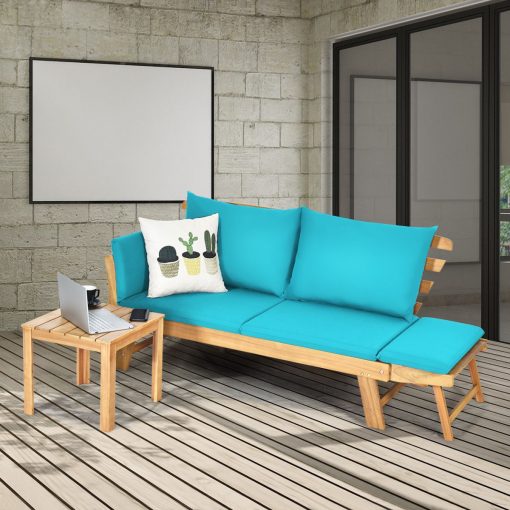 Chaise Longue Convertible avec Coussin Canapé de Jardin 2 en 1 en Bois d’Acacia avec Accoudoir Réglable pour Patio Piscine Jardin Blanc/Gris/Bleu/Rouge - Image 18