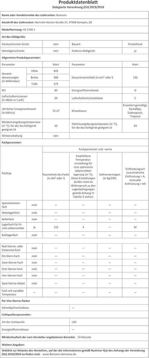 Bomann Réfrigérateur 133L blanc VS2195-1-blanc, Capacité nette : 133 litres, éclairage intérieur à DEL, Contr?le de la température en continu, 3 clayettes en verre - Image 10