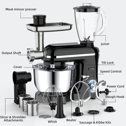 Homlee 3 en 1 Robot Patissier,1800W Robot Cuisine Multifonctions,avec Hachoir à viande,1,5 L Extracteur de jus,Kit pour Saucisses,3 Plaques de Broyage,5.5L Bol d'Acier Inoxydable (Argent) - Image 15