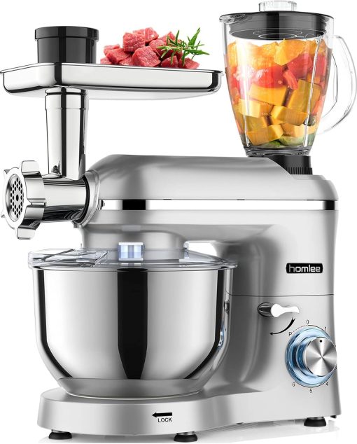 Homlee 3 en 1 Robot Patissier,1800W Robot Cuisine Multifonctions,avec Hachoir à viande,1,5 L Extracteur de jus,Kit pour Saucisses,3 Plaques de Broyage,5.5L Bol d'Acier Inoxydable (Argent)