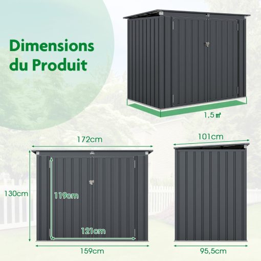Abri de Stockage en Métal Galvanisé pour Poubelles Extérieur Abri de Jardin Verrouillable avec Toit Ouvert 2 Portes 172X95,5X130CM Gris - Image 9