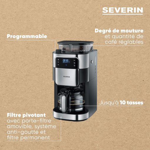 SEVERIN Coffee maker with integrated grinder 1000 W, Programmable coffee machine with timer, Drip coffee maker with 8 cup insulated jug, Black/Stainless steel, KA 4814 - Image 5