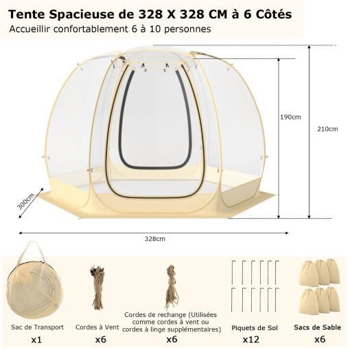 Tente Bulle à Ouverture Instantanée pour 6 à 10 Personnes Tente D?me d'Extérieur 328 x 328 cm Résistante Aux Intempéries Transparent - Image 10