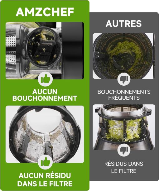 AMZCHEF Extracteur Jus - Extracteur de Jus de Fruits et Légumes - Presses-agrumes à Froid sans BPA avec 2 Tasses et Brosse - Fonction de Mastication Inversée pour éviter les Blocages - Argent - Image 12
