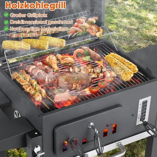 Barbecue Charbon de Bois XL, Chariot à Barbecue, Grill XL à Charbon avec Couvercle, Roues et Thermomètre, Réglable en Hauteur, Grand Barbecue au Charbon de Bois, pour Camping et Jardin, Noir - Image 23