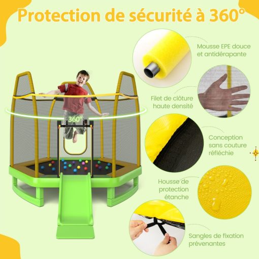 Trampoline Extérieur ? 223cm avec Toboggan&Echelle avec Filet de Sécurité 2 Portes en U Charge 270kg pour 2-3 Enfants de 3 Ans+ Bleu/Vert - Image 18