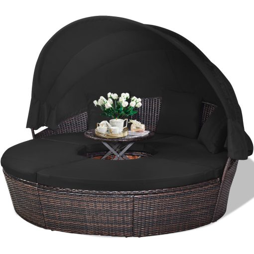 Lit de Jardin Rond d'Exterieur Table Relevable Modulable & Convertible - Pare Soleil Réglable rotin PE Coussins Inclus  Noir - Image 7